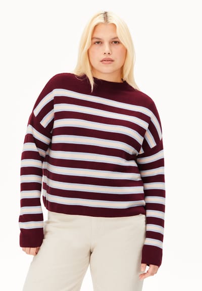 MERINAA STRIPED KNITTED SWEATER | velvet red-soft blue-oatmilk by ARMEDANGELS