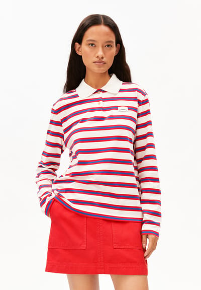STRIPE POLO LONGSLEEVE | light oatmilk-mars red-dynamo blue by ARMEDANGELS