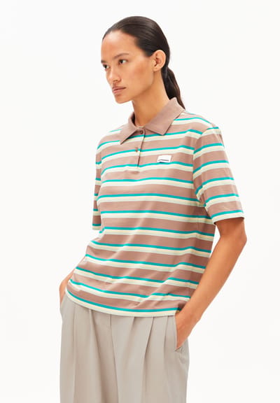 STRIPE POLO T-SHIRT | walnut cream-pool green-lime juice by ARMEDANGELS