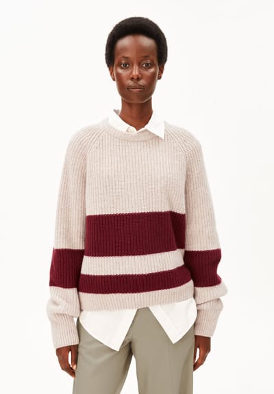 STRIPED RIB-KNIT PULLOVER | honey melange-velvet red by ARMEDANGELS