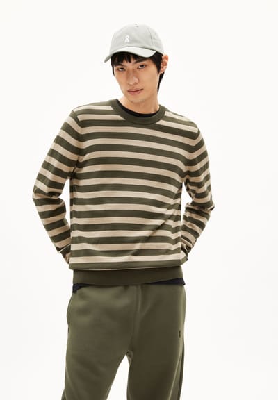 LOUKAA FINE STRIPES KNIT SWEATER | forest pine-light sage by ARMEDANGELS
