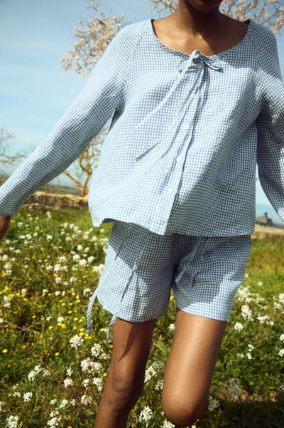 Tie Neck Gingham Blouse with Bell Sleeves – Ruth by LinenFox