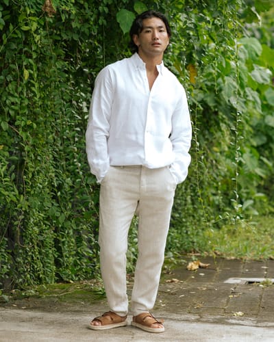 Regular straight leg men's linen pants SOGLIO in Natural melange by MagicLinen