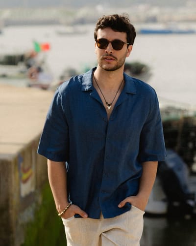 Men's Short Sleeve Linen Shirt KEY WEST in Deep navy blue by MagicLinen