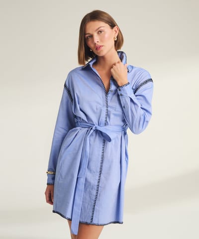 Woven Button Up Dress with Embroidery Detail by NAADAM