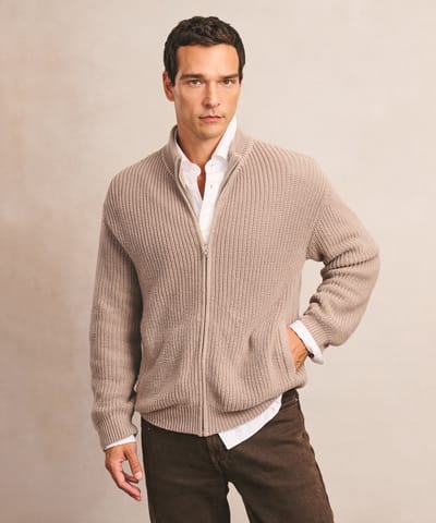 Cotton Fisherman Full Zip Sweater by NAADAM