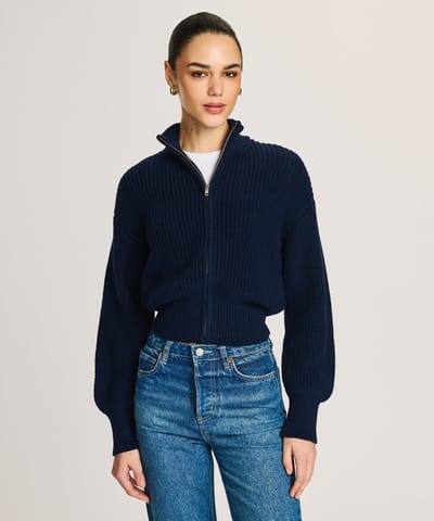 Cotton Fisherman Cinched Waist Zip Up Sweater by NAADAM