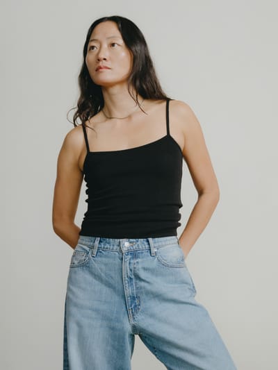Uno Tank, Ribbed Silk Noil Jersey, Black by OZMA