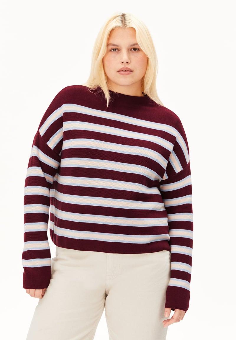 MERINAA STRIPED KNITTED SWEATER | velvet red-soft blue-oatmilk by ARMEDANGELS, 100% Cotton