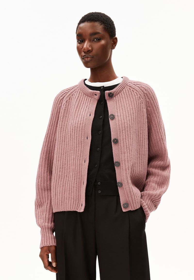 RIB KNIT CARDIGAN| light berry by ARMEDANGELS, 55% Wool, 45% Cotton