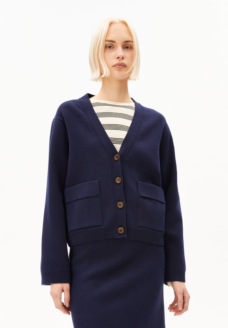 COMPACT KNIT CARDIGAN | tinted navy by ARMEDANGELS, 100% Cotton