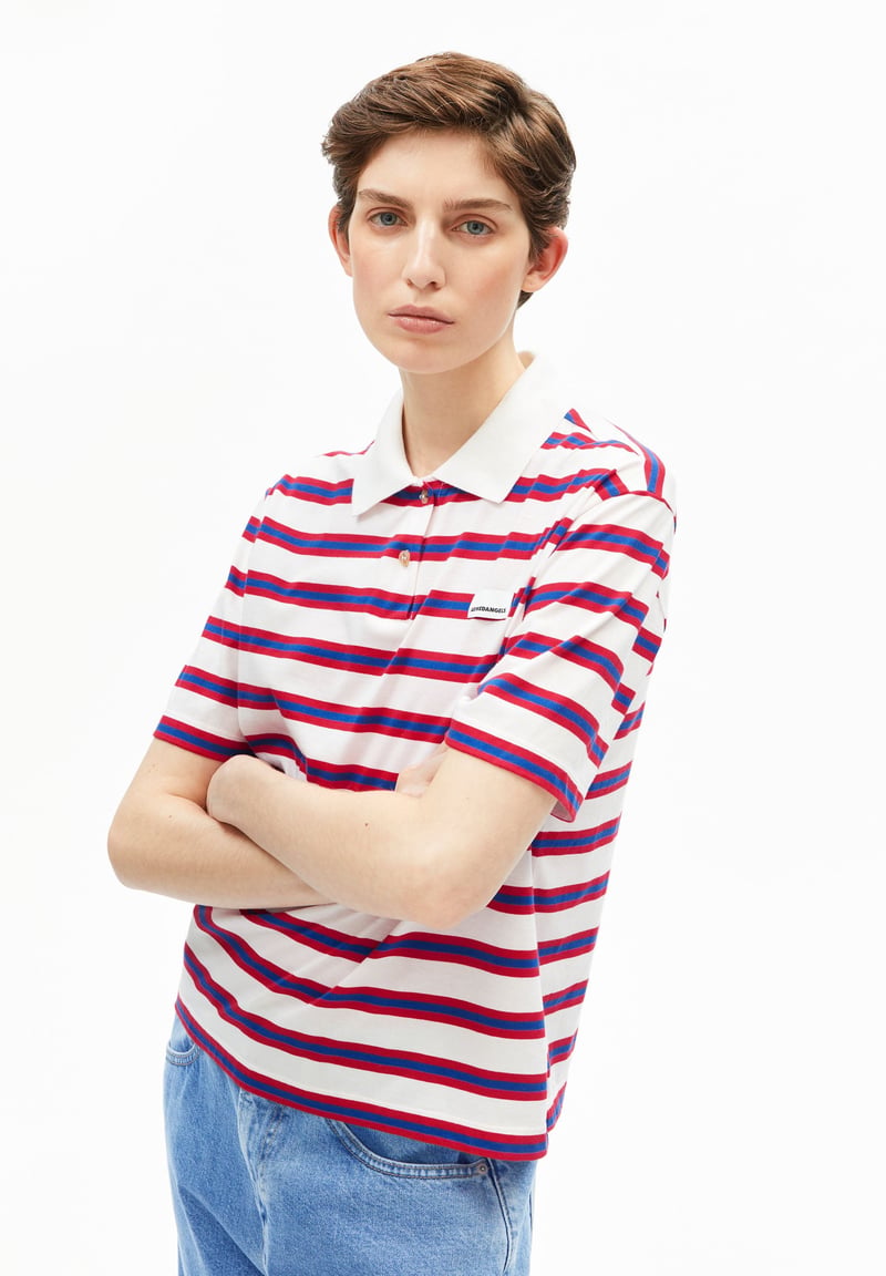 STRIPE POLO T-SHIRT | light oatmilk-mars red-dynamo blue by ARMEDANGELS, 100% Cotton