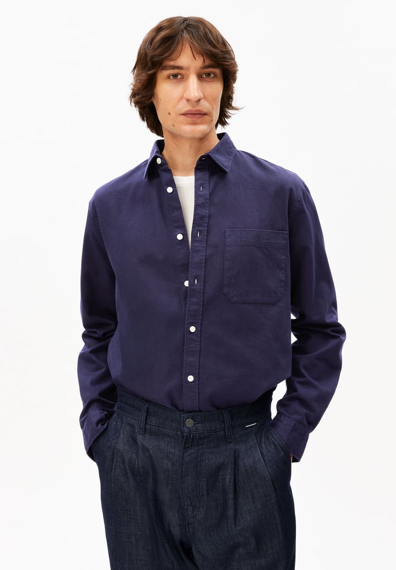 GMT DYE LINO LONGSLEEVE SHIRT | tinted navy by ARMEDANGELS, 83% Cotton, 17% Linen