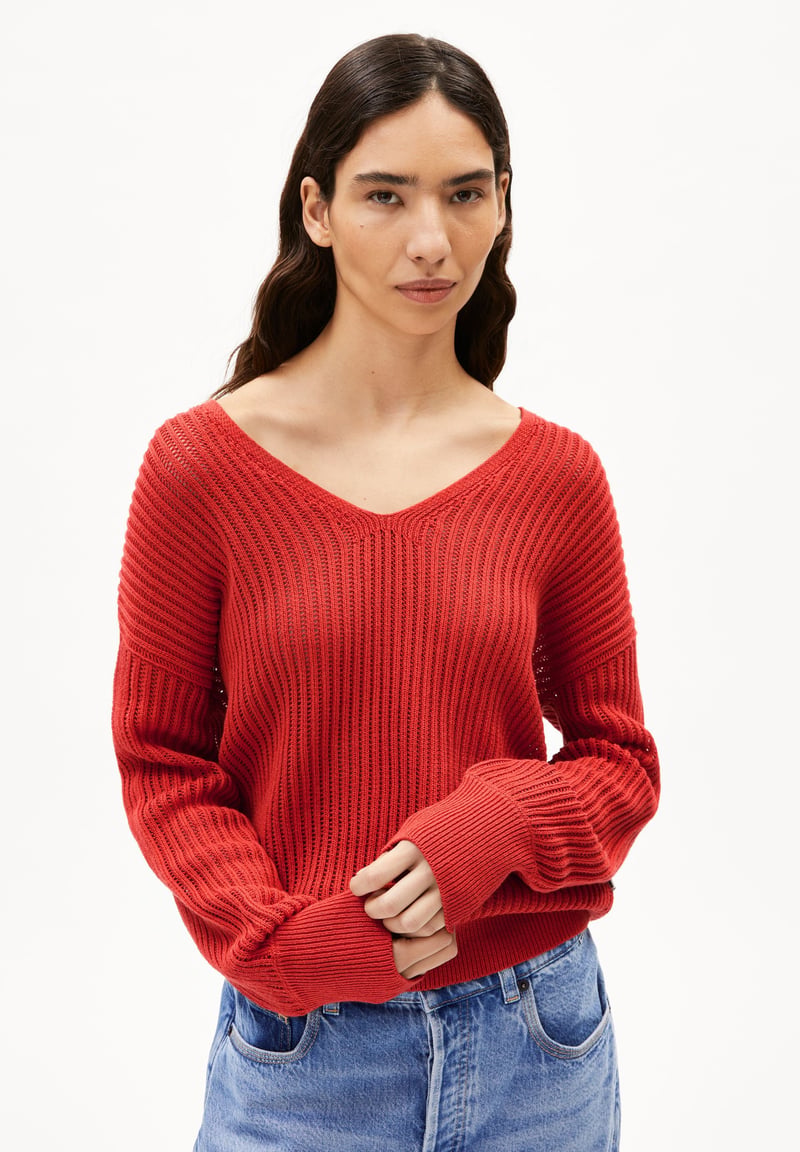 LINEN BLEND KNIT SWEATER | coral blush by ARMEDANGELS, 40% Linen, 30% Cotton, 30% Viscose