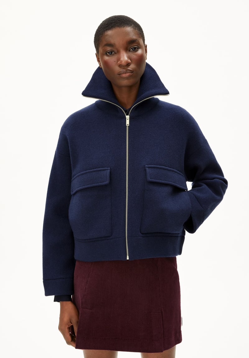 JOANIAAS KNIT JACKET | tinted navy by ARMEDANGELS, 77% Cotton, 18% Wool, 5% Nylon