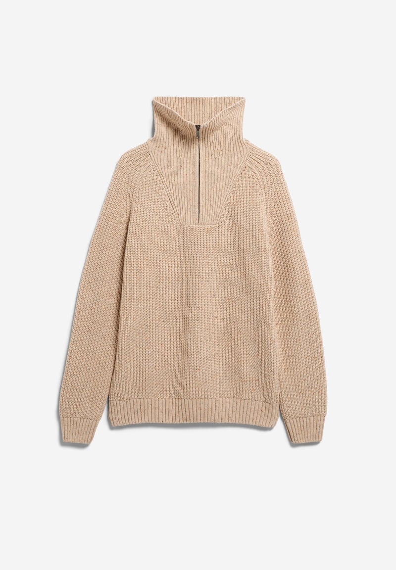 TWEED KNIT HALF-ZIP SWEATER | sandstone tweed by ARMEDANGELS, 65% Cotton, 35% Wool