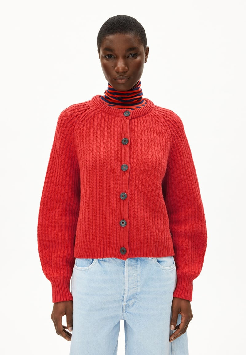 RIB KNIT CARDIGAN| candy apple by ARMEDANGELS, 55% Wool, 45% Cotton