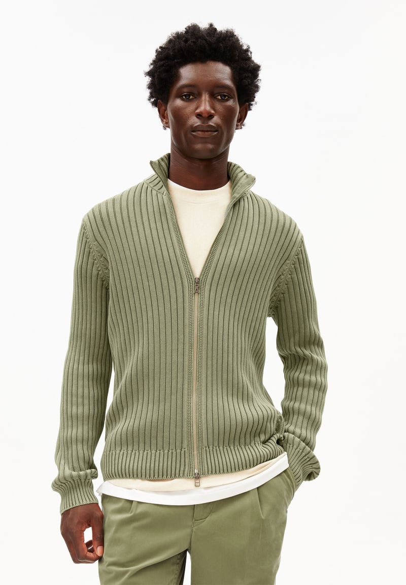 PIGMENT DYE KNIT JACKET | fatigue green by ARMEDANGELS, 100% Cotton