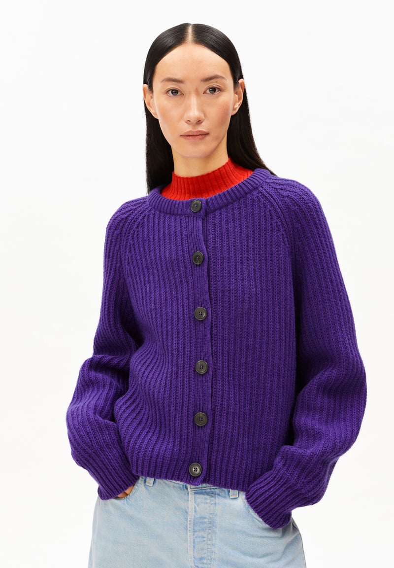 RIB KNIT CARDIGAN| indigo lilac by ARMEDANGELS, 55% Wool, 45% Cotton