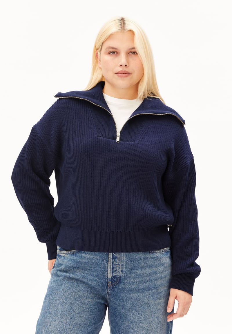 VANISÉ RIB KNIT HALF-ZIP SWEATER | tinted navy-light tinted navy by ARMEDANGELS, 100% Cotton