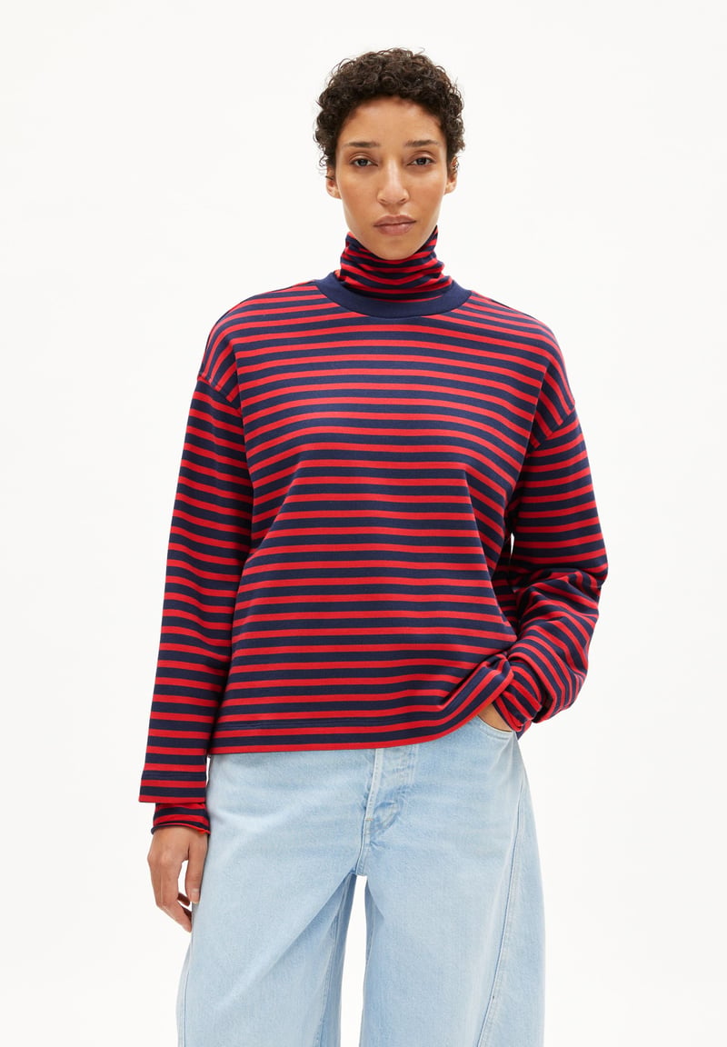 FRANKAA MAARLEN STRIPE SWEAT | tinted navy-candy apple by ARMEDANGELS, 100% Cotton