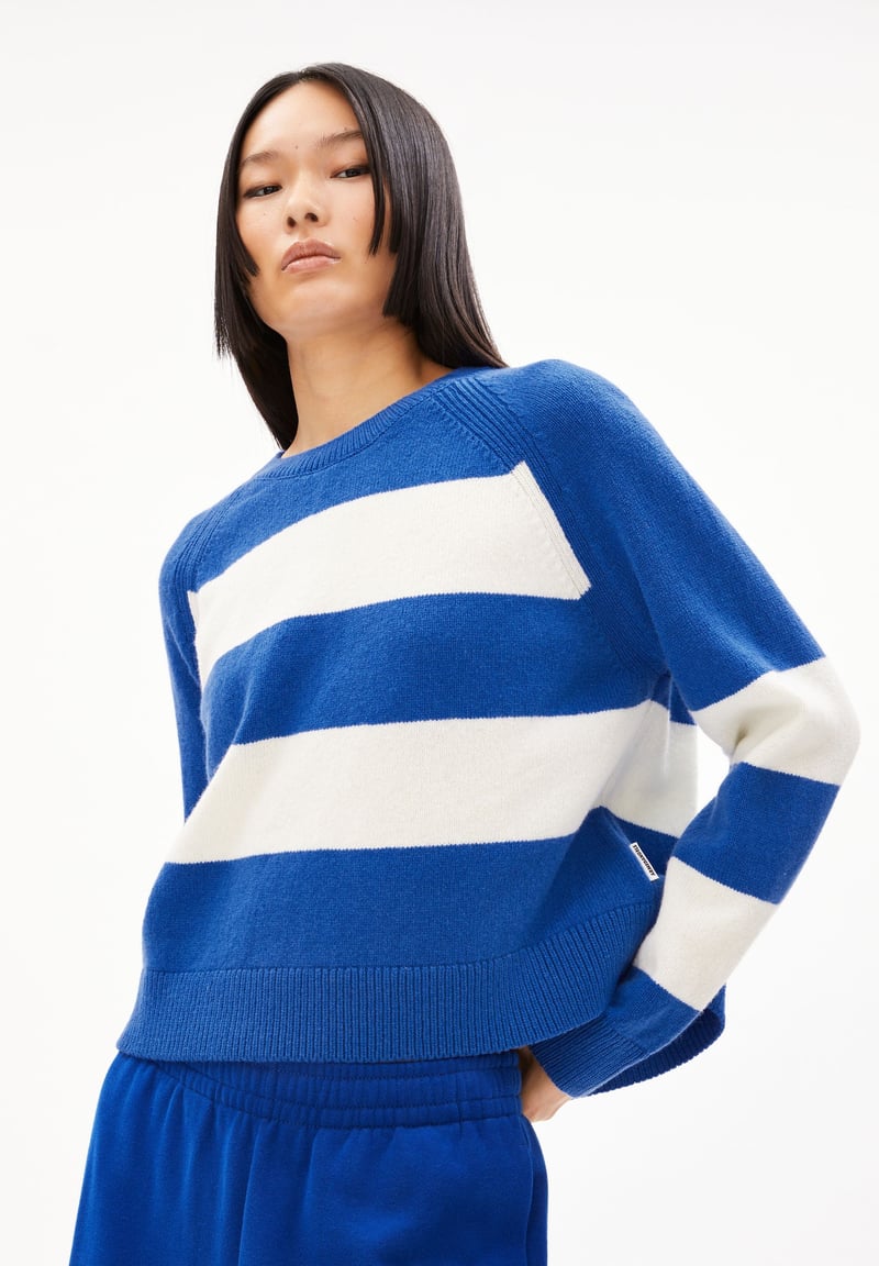 DILIRIAA STRIPES| warm blue-oatmilk by ARMEDANGELS, 100% Wool