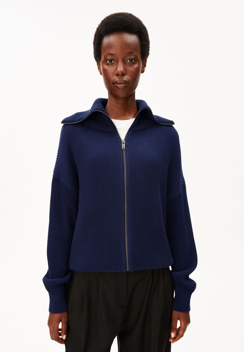 VANISÉ RIB KNIT CARDIGAN | tinted navy-light tinted navy by ARMEDANGELS, 100% Cotton
