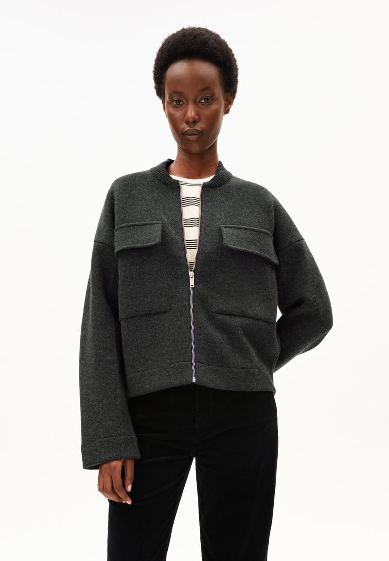 COTTON-WOOL BOMBER JACKET | steel melange by ARMEDANGELS, 77% Cotton, 18% Wool, 5% Nylon