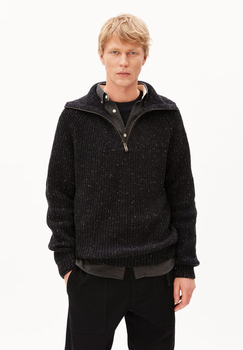 TWEED KNIT HALF-ZIP SWEATER | black by ARMEDANGELS, 65% Cotton, 35% Wool