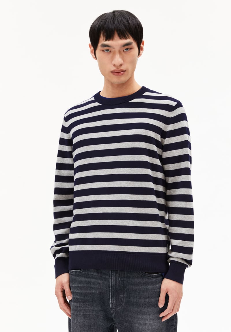 LOUKAA FINE STRIPES KNIT SWEATER | night sky-silver melange by ARMEDANGELS, 100% Cotton
