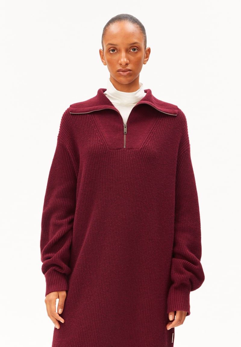 HALF-ZIP RIB KNIT DRESS | velvet red by ARMEDANGELS, 65% Cotton, 35% Wool