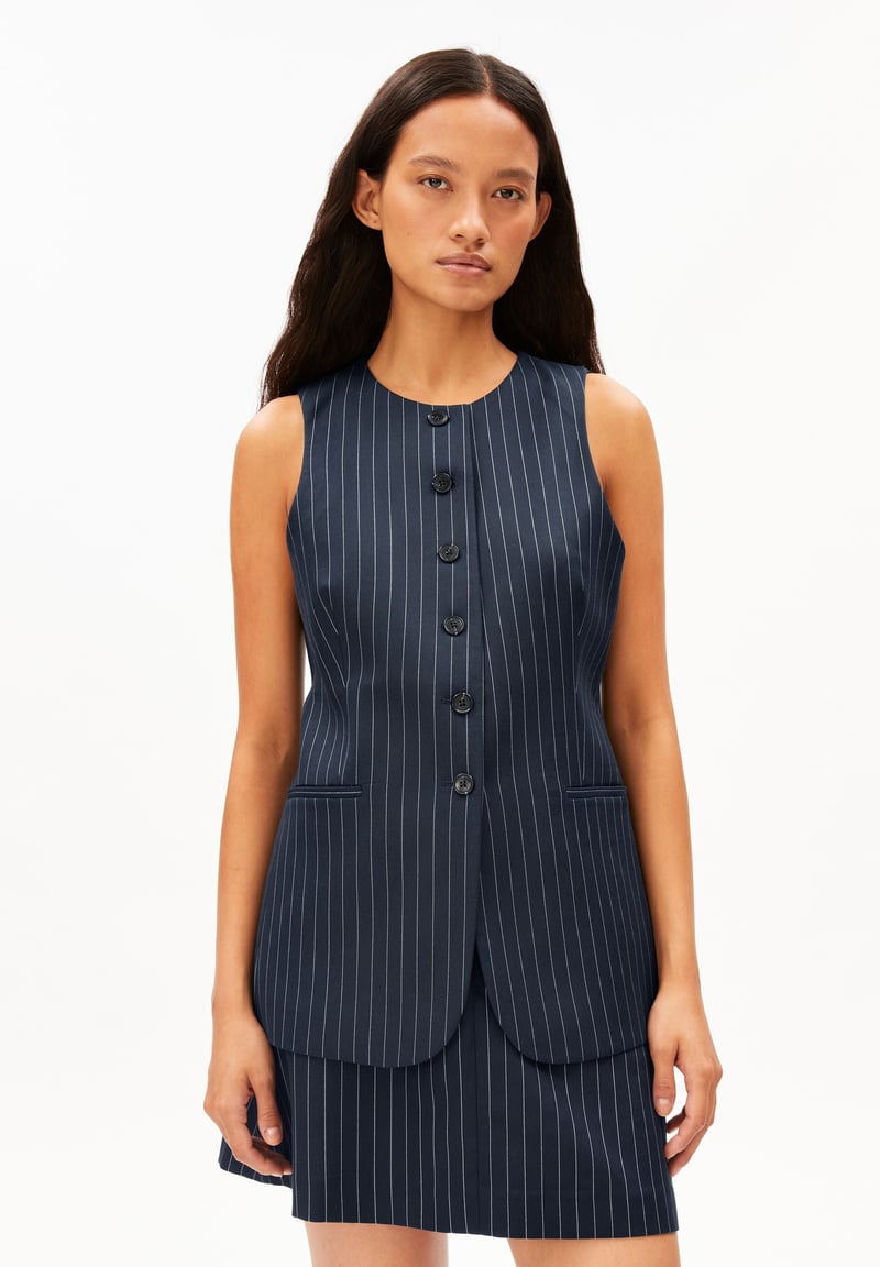 LONG PINSTRIPE VEST | night sky-white by ARMEDANGELS, 96% Lyocell, 3% Elastane, 1% Polyester