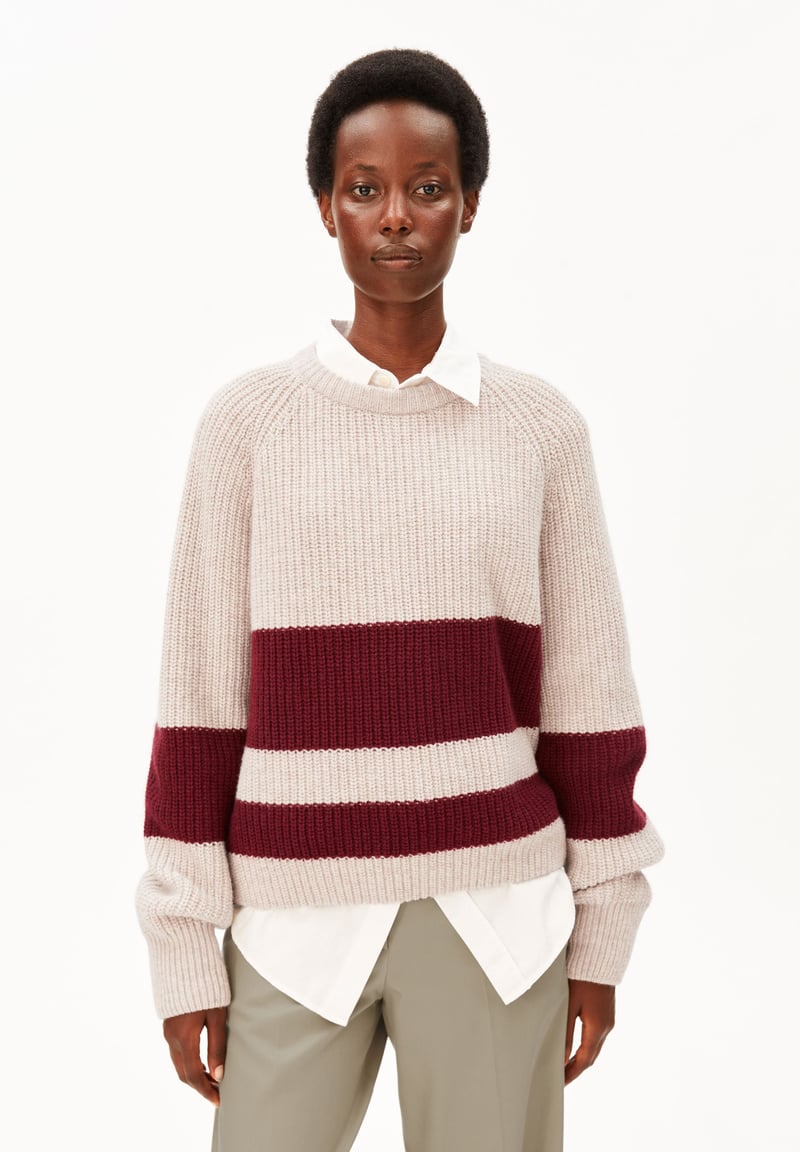 STRIPED RIB-KNIT PULLOVER | honey melange-velvet red by ARMEDANGELS, 55% Wool, 45% Cotton