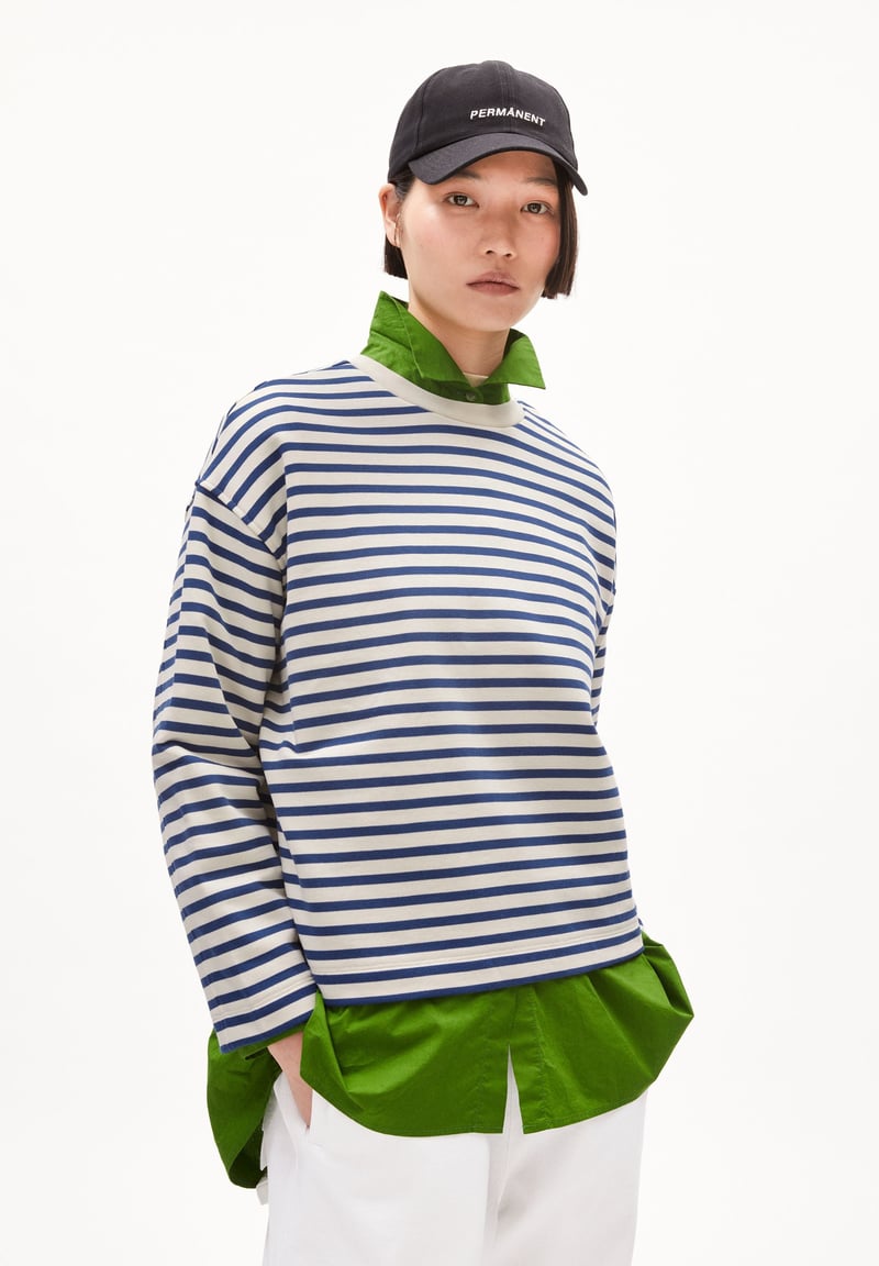 FRANKAA MAARLEN STRIPE SWEAT | undyed-faded indigo by ARMEDANGELS, 100% Cotton