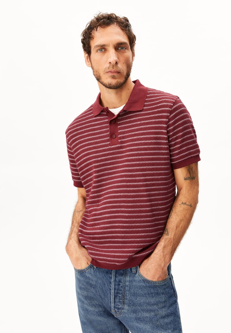 MAARIO KNITTED POLO SHIRT | velvet red-moonlit lilac by ARMEDANGELS, 100% Cotton