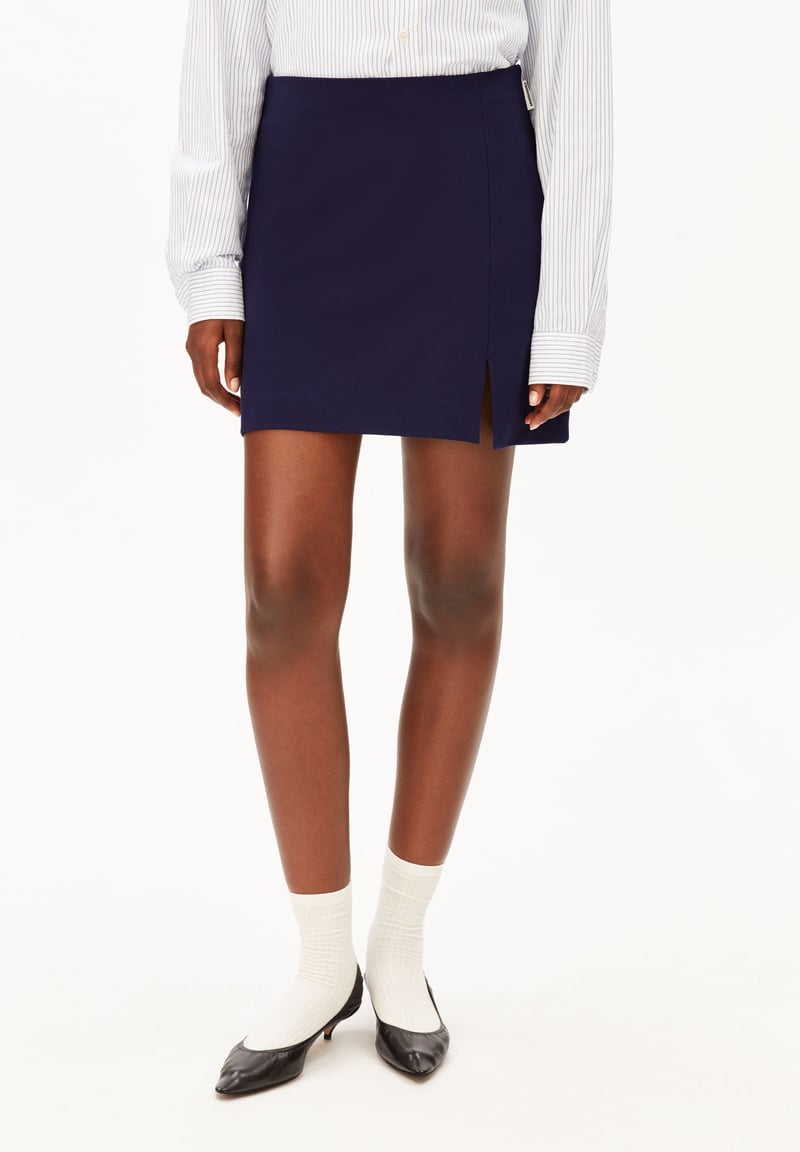 VANJARAA MINI SKIRT | tinted navy by ARMEDANGELS, 82% Viscose, 16% Nylon, 2% Elastane