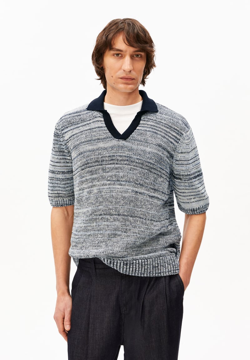 YARNMIX KNIT POLOSHIRT | black-oatmilk-wedgwood by ARMEDANGELS, 100% Cotton
