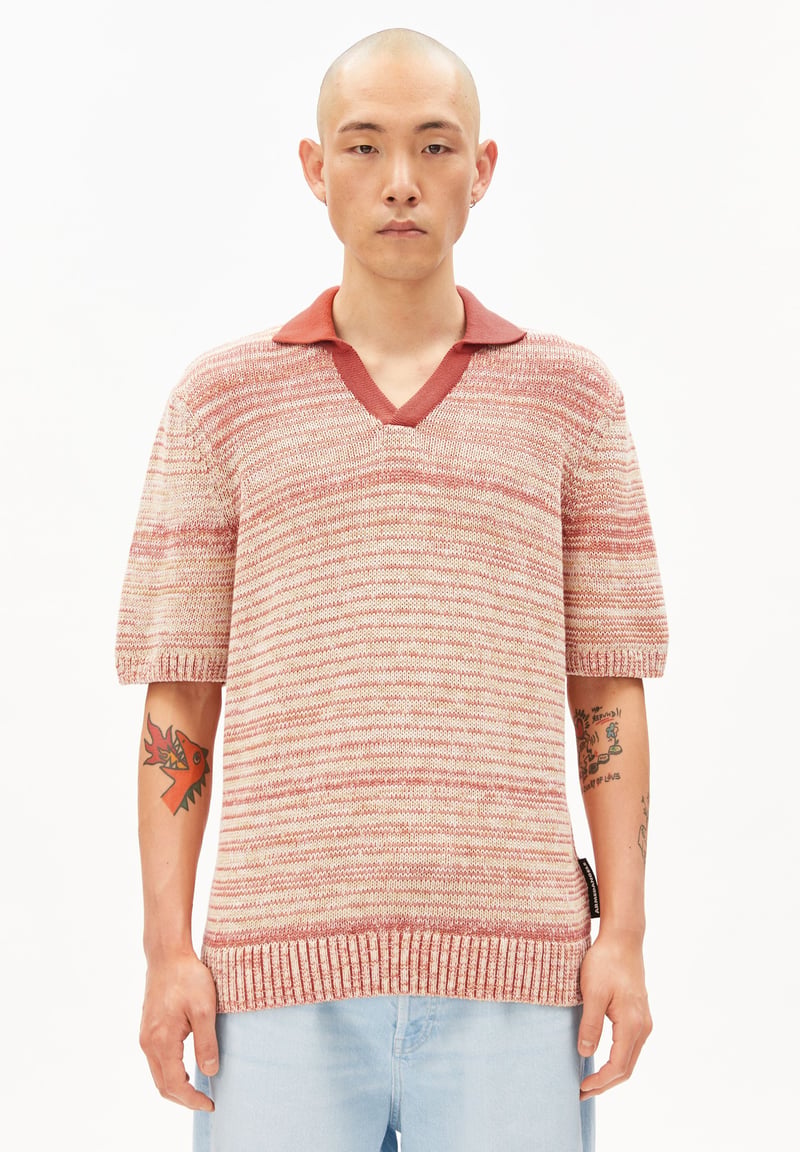 YARNMIX KNIT POLOSHIRT | tabasco red-oatmilk-sunflower by ARMEDANGELS, 100% Cotton
