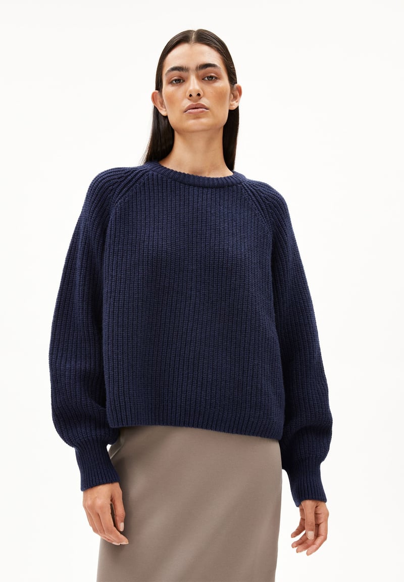 RIB KNIT SWEATER| tinted navy by ARMEDANGELS, 55% Wool, 45% Cotton