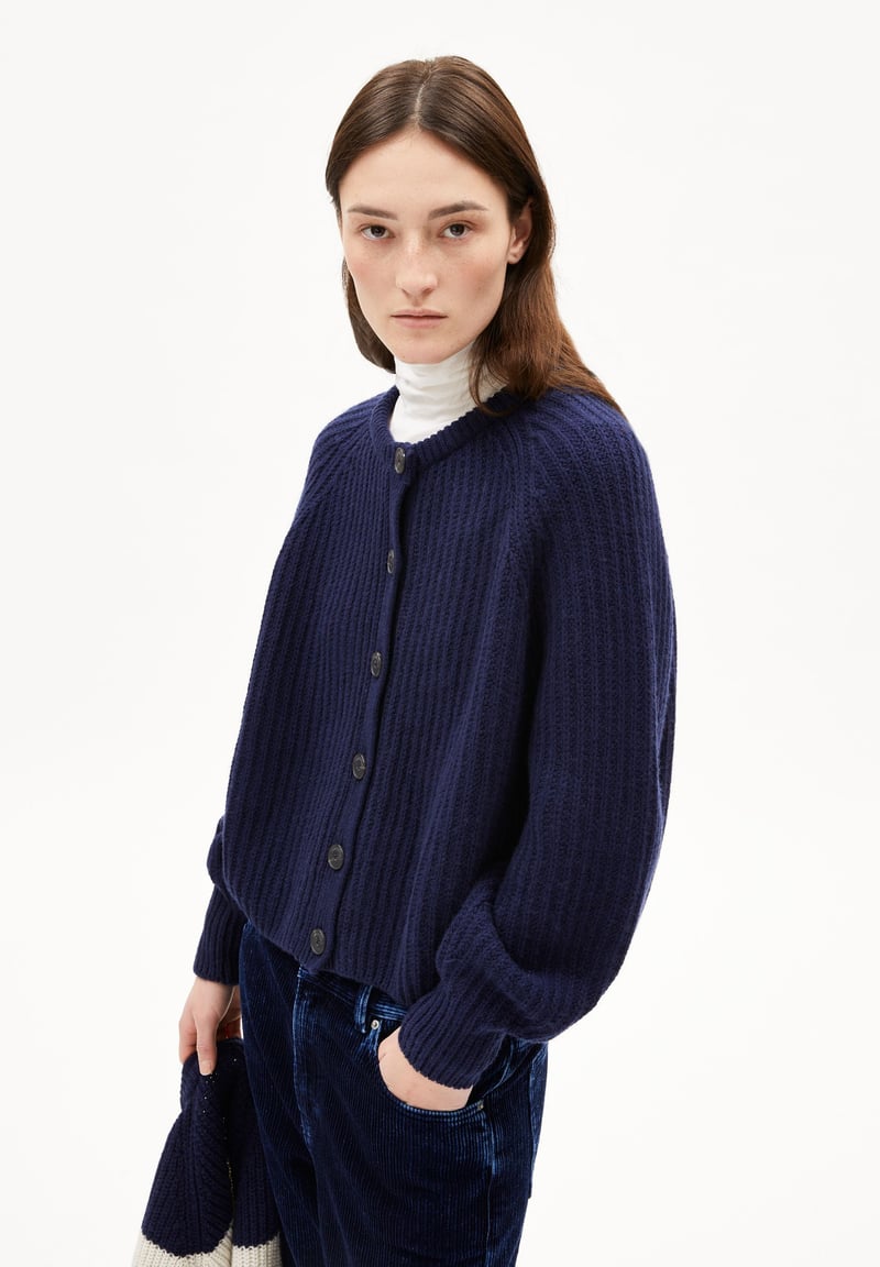 RIB KNIT CARDIGAN| tinted navy by ARMEDANGELS, 55% Wool, 45% Cotton