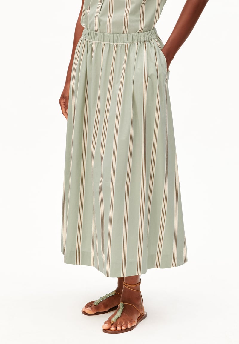 STRIPE A-LINE MIDI SKIRT | foam-light oatmilk-dried palm by ARMEDANGELS, 100% Cotton