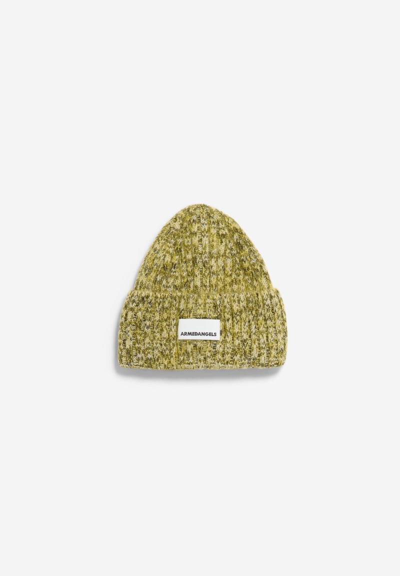 BRUSHED MOULINÉ KNITTED BEANIE | oatmilk-mosslace by ARMEDANGELS, 61% Wool, 14% Mohair, 14% Lyocell, 11% Cotton