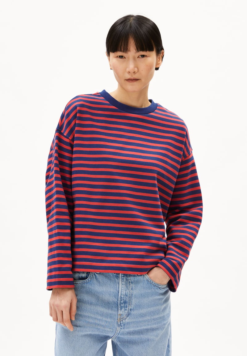 FRANKAA MAARLEN STRIPE SWEAT | blue noon-coral blush by ARMEDANGELS, 100% Cotton