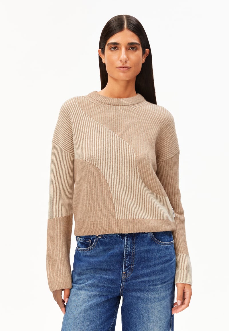 MAYRAA VANISE KNIT SWEATER | camel melange-oatmilk by ARMEDANGELS, 55% Wool, 45% Cotton