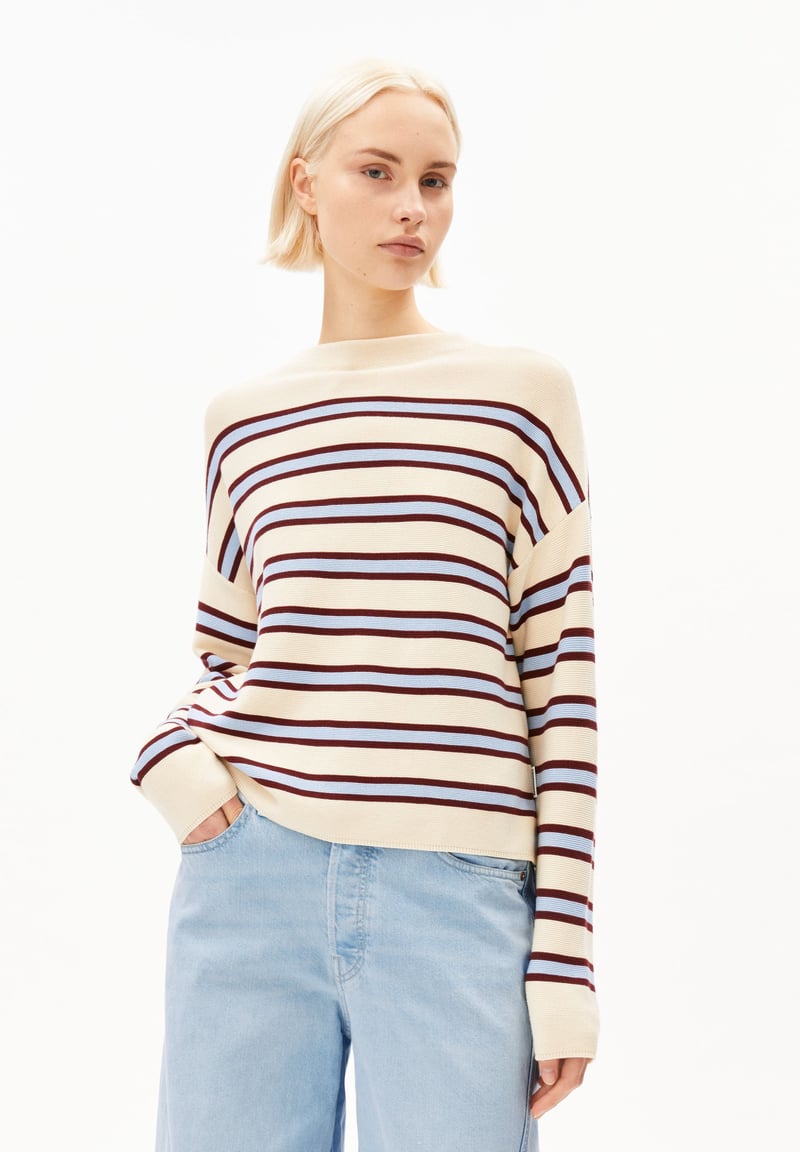 MERINAA STRIPED KNITTED SWEATER | oatmilk-velvet red-soft blue by ARMEDANGELS, 100% Cotton