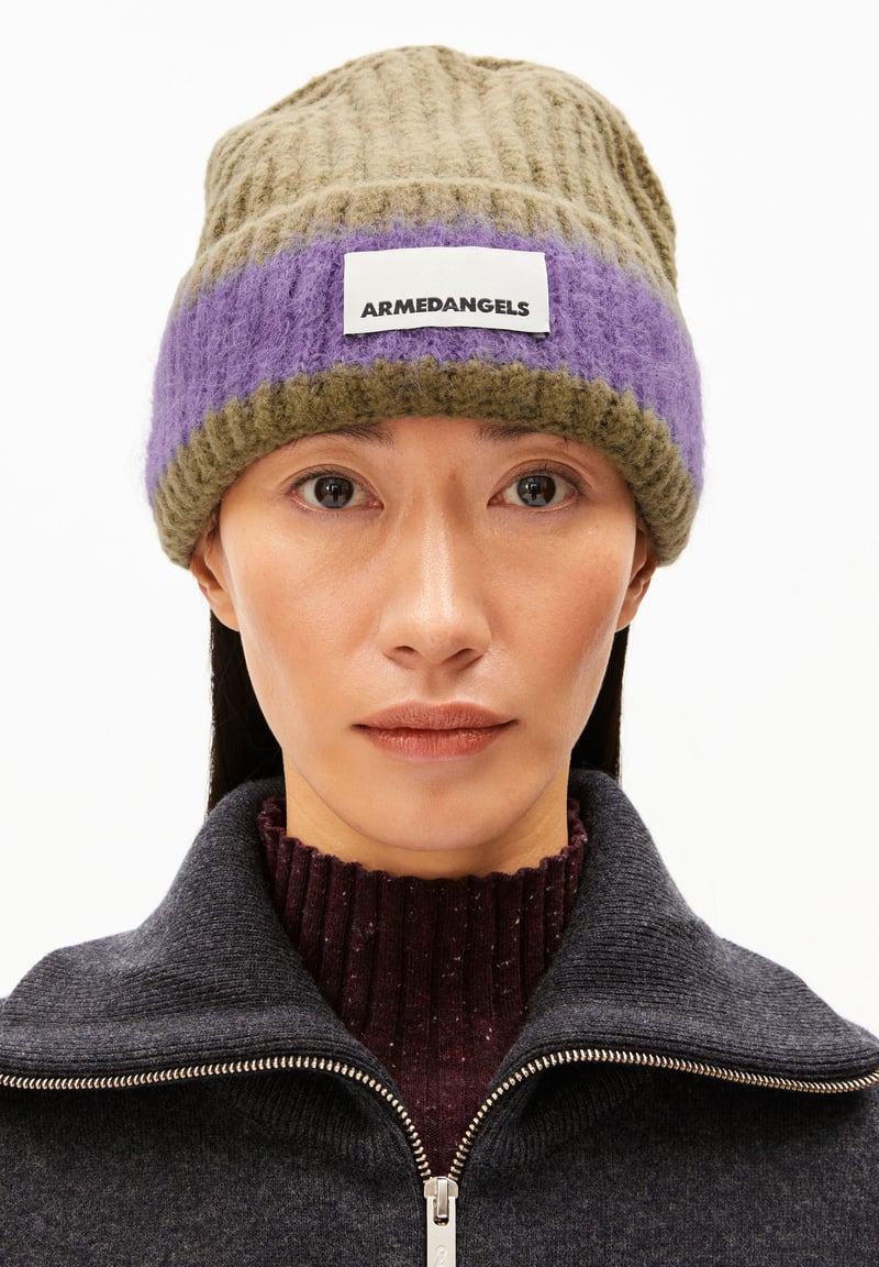 JUPILAA STRIPED UN-WASTED BEANIE | oliva-dark purple stone by ARMEDANGELS, 44% Alpaca, 29% Wool, 27% Nylon