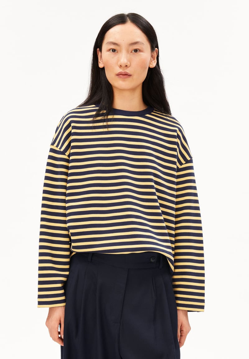 FRANKAA MAARLEN STRIPE SWEAT | golden hay-tinted navy by ARMEDANGELS, 100% Cotton
