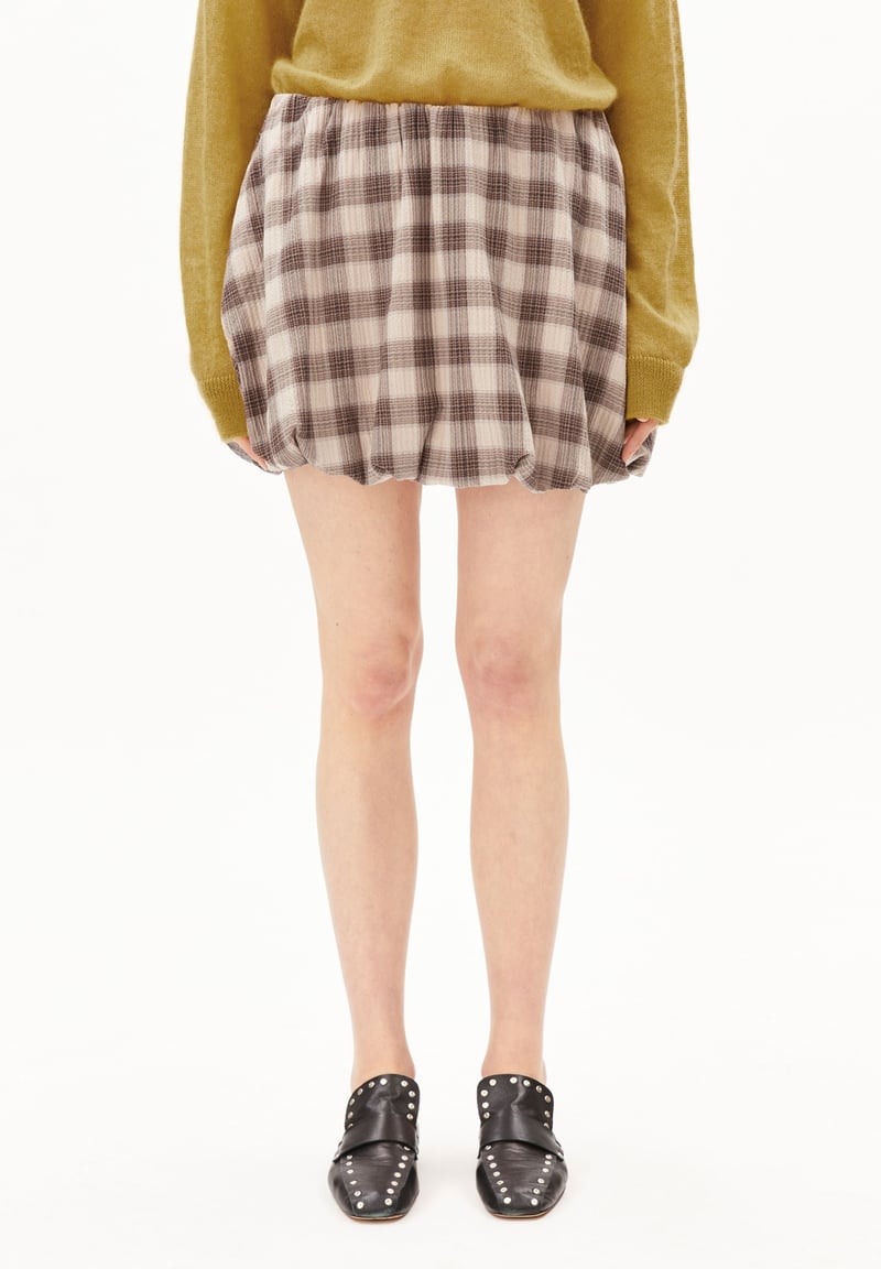 CHECKED BALLOON MINI SKIRT | sandstone-claystone by ARMEDANGELS, 99% Cotton, 1% Elastane