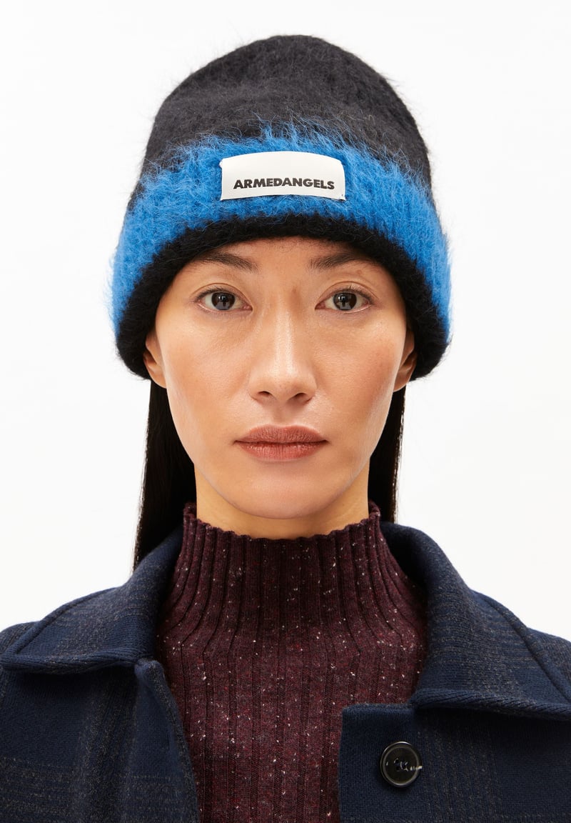 JUPILAA STRIPED UN-WASTED BEANIE | black-dark wave by ARMEDANGELS, 78% Alpaca, 22% Nylon