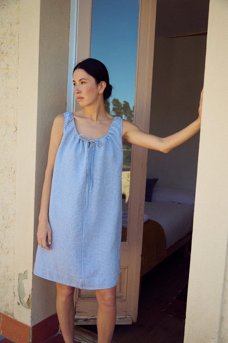 Gingham Mini Dress with Drawstring Neck – Toma by LinenFox, 100% Linen